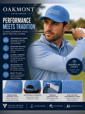Oakmont Blue Heather Performance Golf Hat Adjustable Baseball Cap